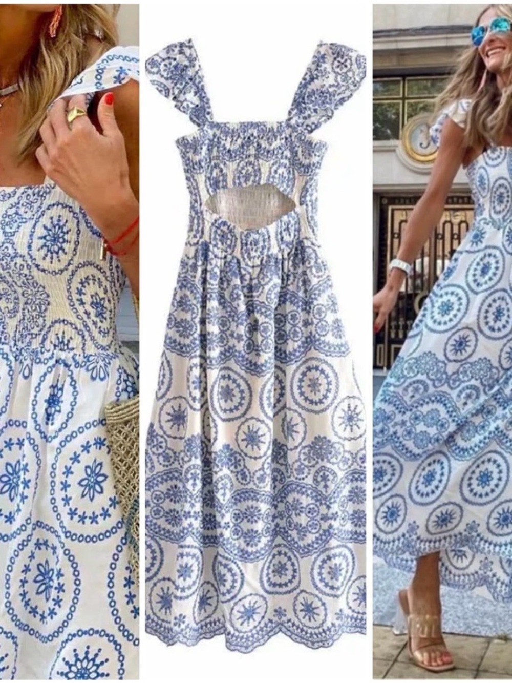 Sunday Up Midi White Blue Embroidered Cutout Back Dress Size Medium